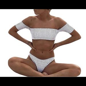 White striped off the shoulder swim suit bikini